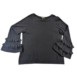 Charter‎ Club Luxury Cashmere Sweater XL Black Ruffle Sleeve 100% Cashmere Cozy
